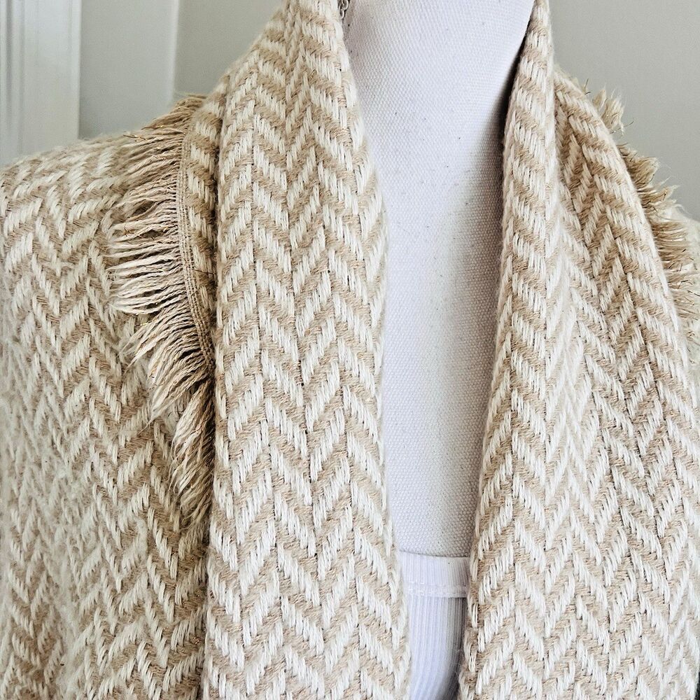 Universal Thread Beige & White Herringbone Fringed Earthy Wrap Lagenlook
